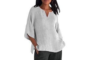 XIAXOGOOL Womens 3/4 Sleeve Tops Summer V Neck Linen Shirts Quarter Sleeve T Shirts Plus Size Tunics Casual Beach Tee Blouse