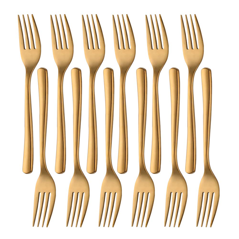 SUNSENGEUR 12 Piece Stainless Steel Dinner Forks Set Stainless Steel Table Forks Heavy Duty and Mirror Polishing, 7.6 Inches,Ideal for Wedding Festival Party Home Kitchen, Dishwasher Safe-Gold