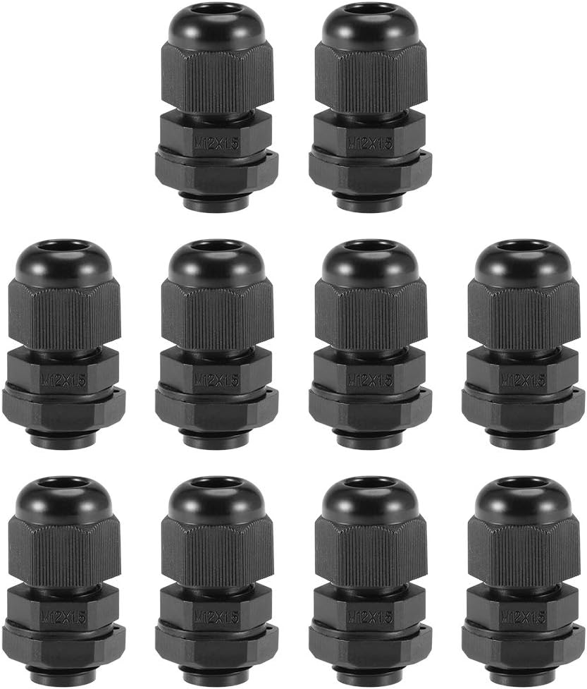 sourcing map M12x1.5 Cable Gland 2mm-5mm Wire Hole Waterproof Nylon Joint Adjustable Locknut with Washer Black 10pcs