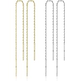 LINGBG JEWELRY 2 Pairs S925 Sterling Silver Chain Threader Earrings For Women Bar Wrap Threader Dangle Drop Earrings Lightweight Minimalist Hypoallergenic Earrings Anniversary Jewelry