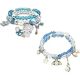 INENIMARTJ Matching Bracelets Set Pink Crystal Beads Bracelet Cute Cartoon Elastic Beaded Pearl Bracelets Jewelry Christmas Stocking Stuffers for Women Friendship Bracelet