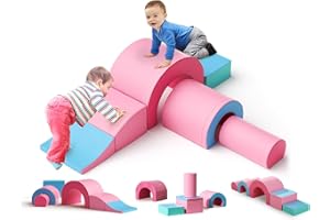 Lischwert Foam Climbing Blocks, Soft Climbing Toys for Toddlers, 5 Pieces Crawl and Climb Foam Playset with Foldable Block and Tunnel, Indoor Climber Activity Play Set for Kids Age 1+(Pink Blue)