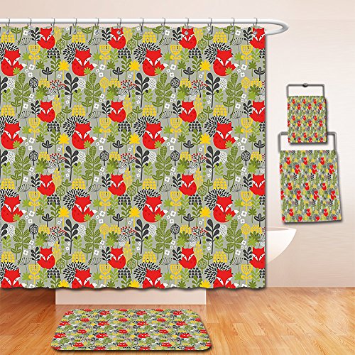 Nalahome Bath Suit: Showercurtain Bathrug Bathtowel Handtowel Cartoon Animal Nature Forest Trees Leaf Wild Fox and Modern Art Reseda and Pistachio Green Red Mustard