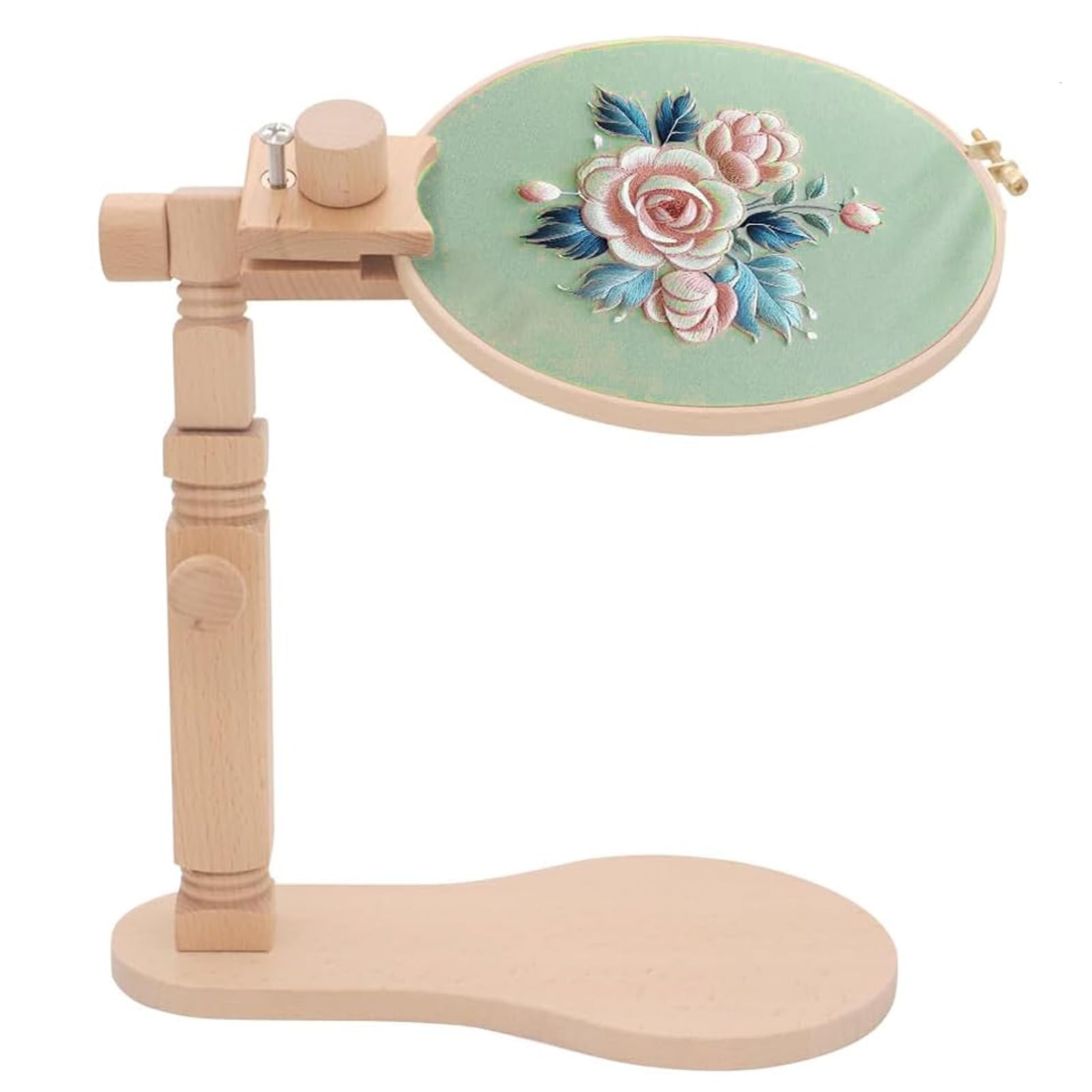 RoseFlower Embroidery Stand, Adjustable High 42CM Embroidery Hoop Stand, Rotated Cross Stitch Stand Lap, Natural Beech Wood Embroidery Hoop Holder, Vertical Table Stand Hands Free Embroidery Stand