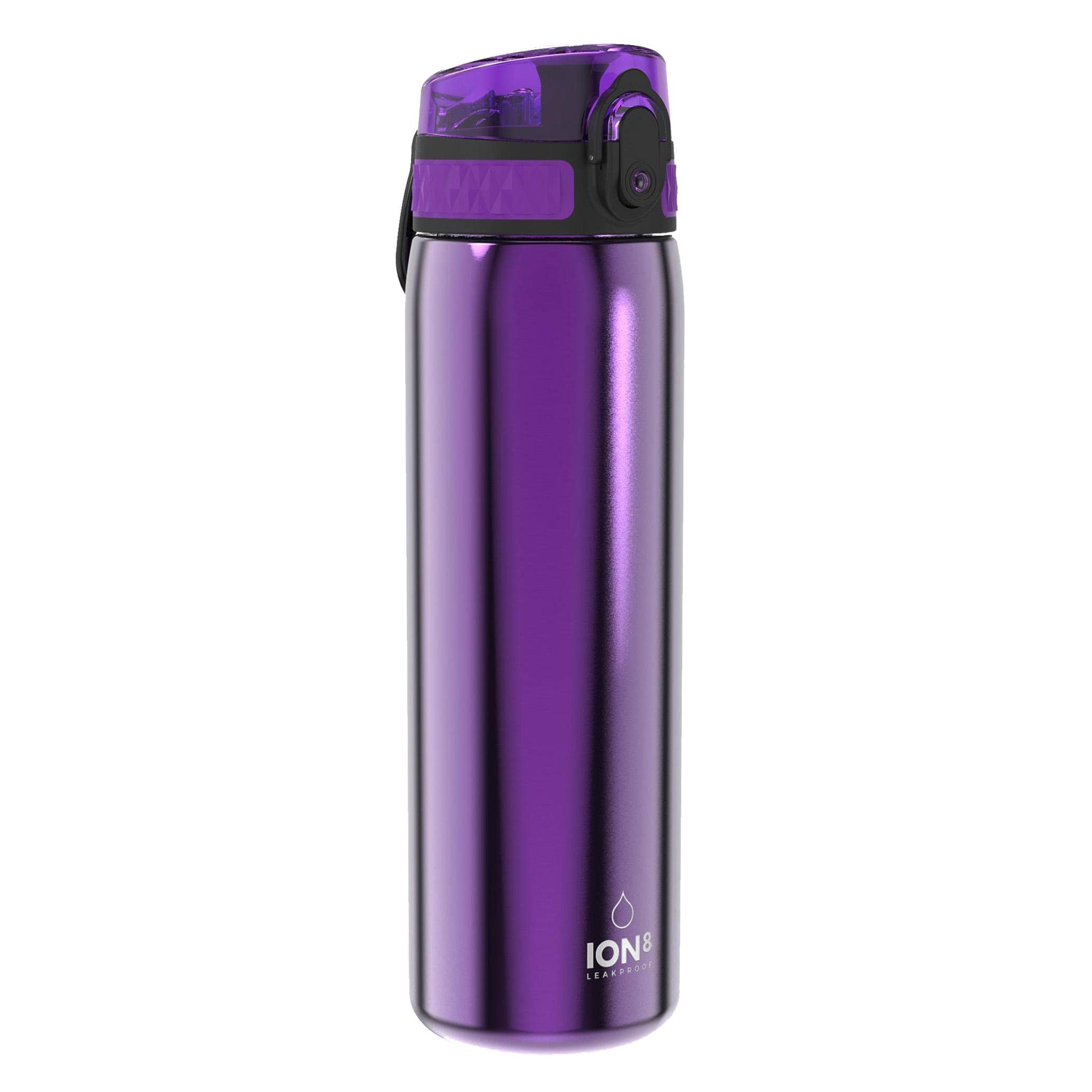 Ion8 Lightweight Steel Water Bottle, 600ml/20oz, Non-Insulated, Leak Proof, Easy to Open, Secure Lock, Dishwasher Safe, Flip Cover, Fits Cup Holders, Carry Handle, Metal Water Bottle, Metallic Purple
