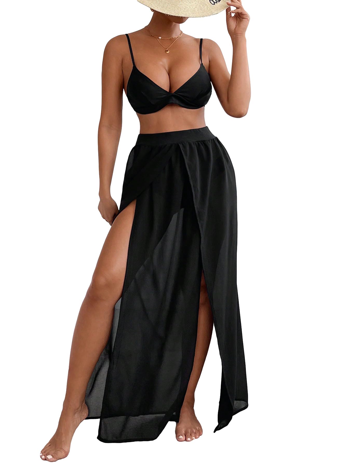 Photo 1 of SweatyRocks Women's High Waist Split Thigh Cover Up Skirt Sheer Beach Long Skirt Swimwear Black X-Large
