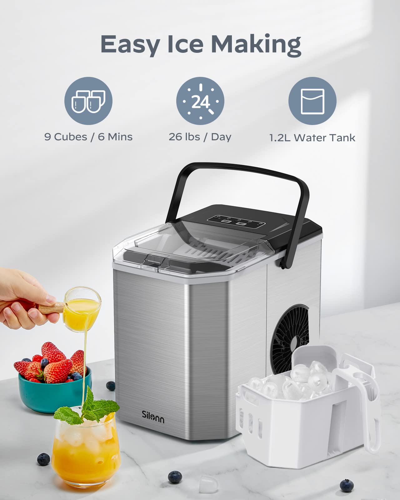 Silonn Ice Maker Countertop, Stainless Steel Portable Ice Machine with Carry Handle, Self-Cleaning Ice Makers with Basket and Scoop, 9 Cubes in 6 Mins, 26 lbs per Day