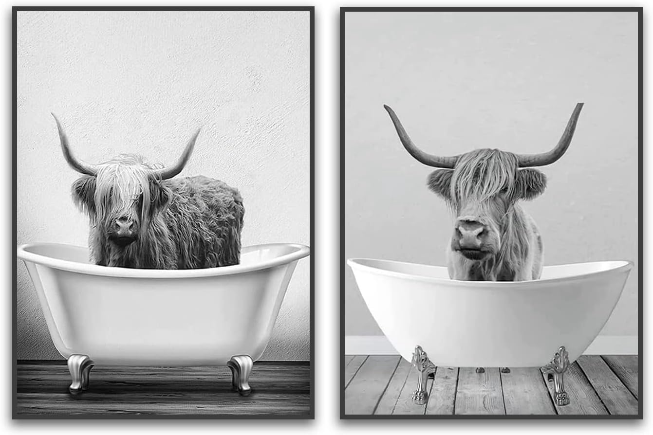 QPLGTU Bathroom Home Background Wall Decoration Poster, Black and White Highland Cow Decoration Photo Wallpaper, Fun Animal Print Poster, Frameless (Highland Cattle 2, 60x90cm*2)
