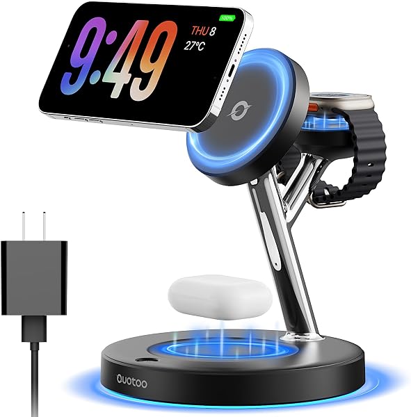 【Adjustable Blue Ambient Light】 Wireless Charger 3 in 1 for iPhone, Magnetic Charging Station for Apple Family,15W Fast MagSa