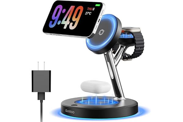 3 in 1 MagSafe Wireless Charger Stand for iPhone Apple Watch AirPods | Adjustable Blue Ambient Light,15W Magnetic Charging Station for iPhone 17 16 15 14 13 12 Series wireless charging station