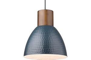 ELYONA Hammered Pendant Light for Kitchen Island, 10.2” Metal Solid Wood Bar Hanging Lamp, Adjustable Height Industrial Pendant Lighting for Dining Room, Bedroom, Bar, Office, Modern Blue
