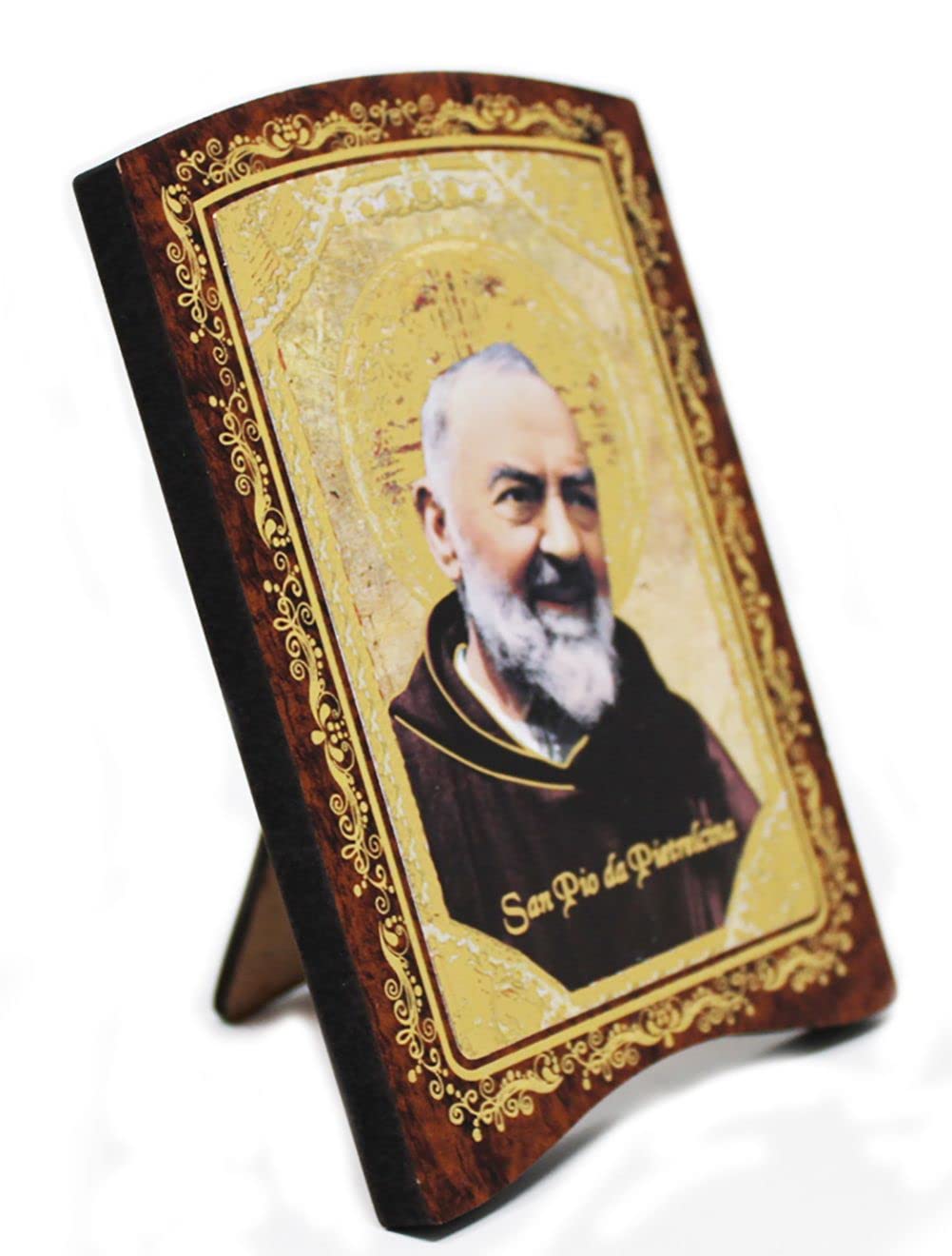 KUSTOM ART Picture Religious Art Print Padre Pio 8,5x7 cm With Framed Wood Back Laser Print Hot Gold Ornament