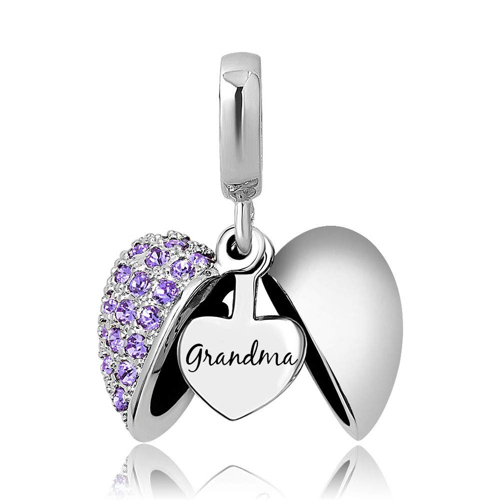 KunBead Jewelry I Love You Heart Family Grandma Dangle Nana Charms for Bracelet Purple Crystal June Birthstone Charms