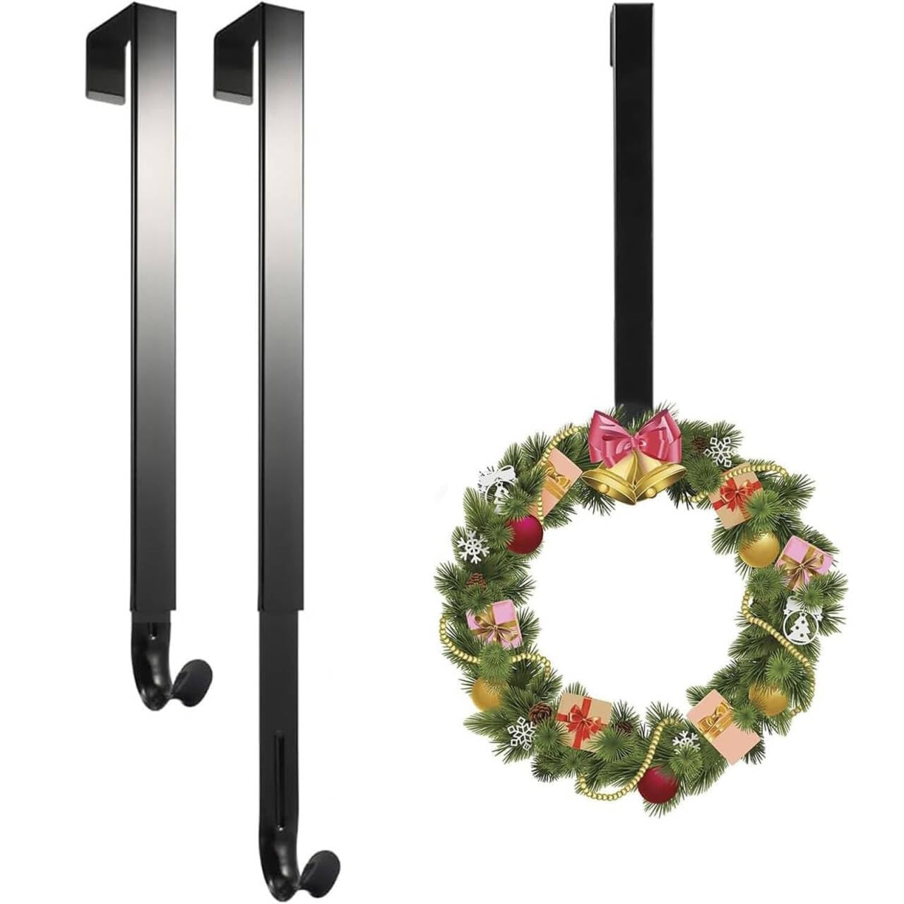 Linwnil 2 Pack Wreath Hanger Adjustable Length from 14 to 26 Inches Wreaths Holder Hook 20LB Heavy Duty for Front Door for Christmas Easter Halloween Decorations Wreath (Black 2pcs) (Black 2pcs)