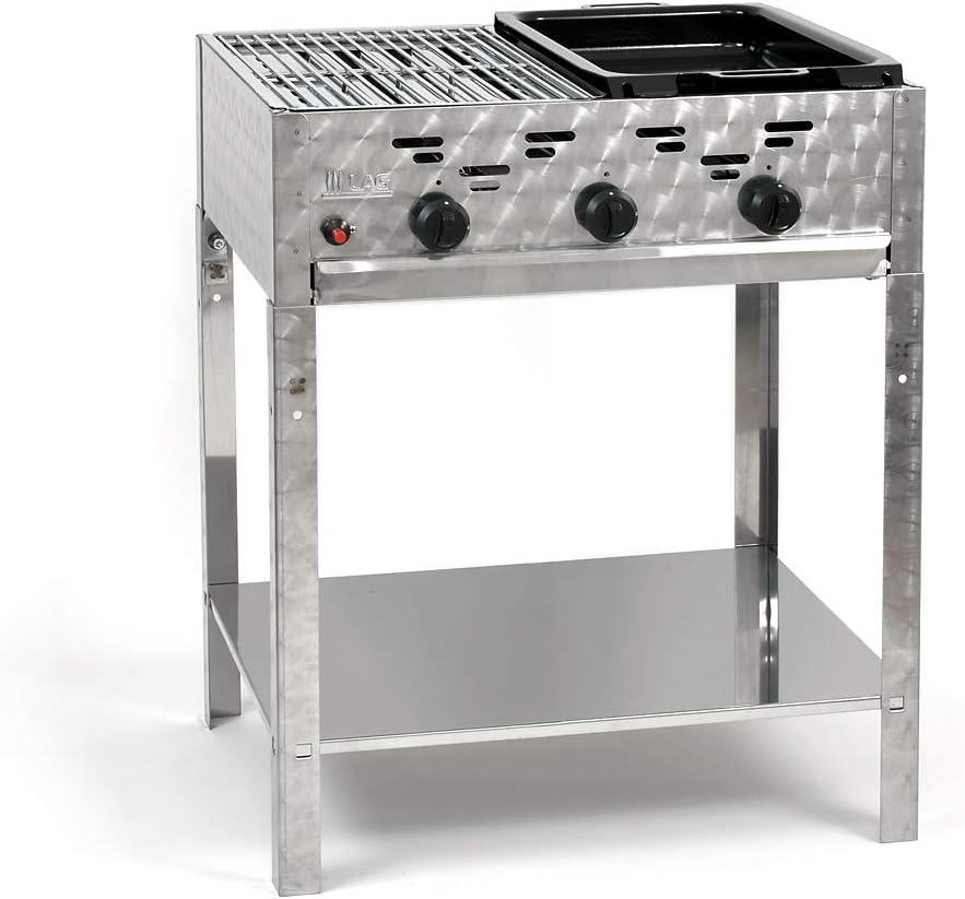 LAG Gasgrill-Kombibräter 11kW Standmodell mit kleinem Grillrost und kl. emaillierter Stahlpfanne, 3-flammig Gastrobräter Profigrill Verein