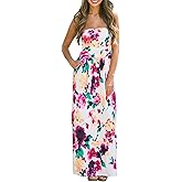 PRIMODA Womens Strapless Tube Top Maxi Dress Floral Boho Beach Dress with Pockets