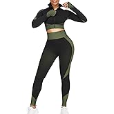 JOYMODE Women's Workout Sets 2 Piece long sleeve High Waist Legging set Crop Top Gym