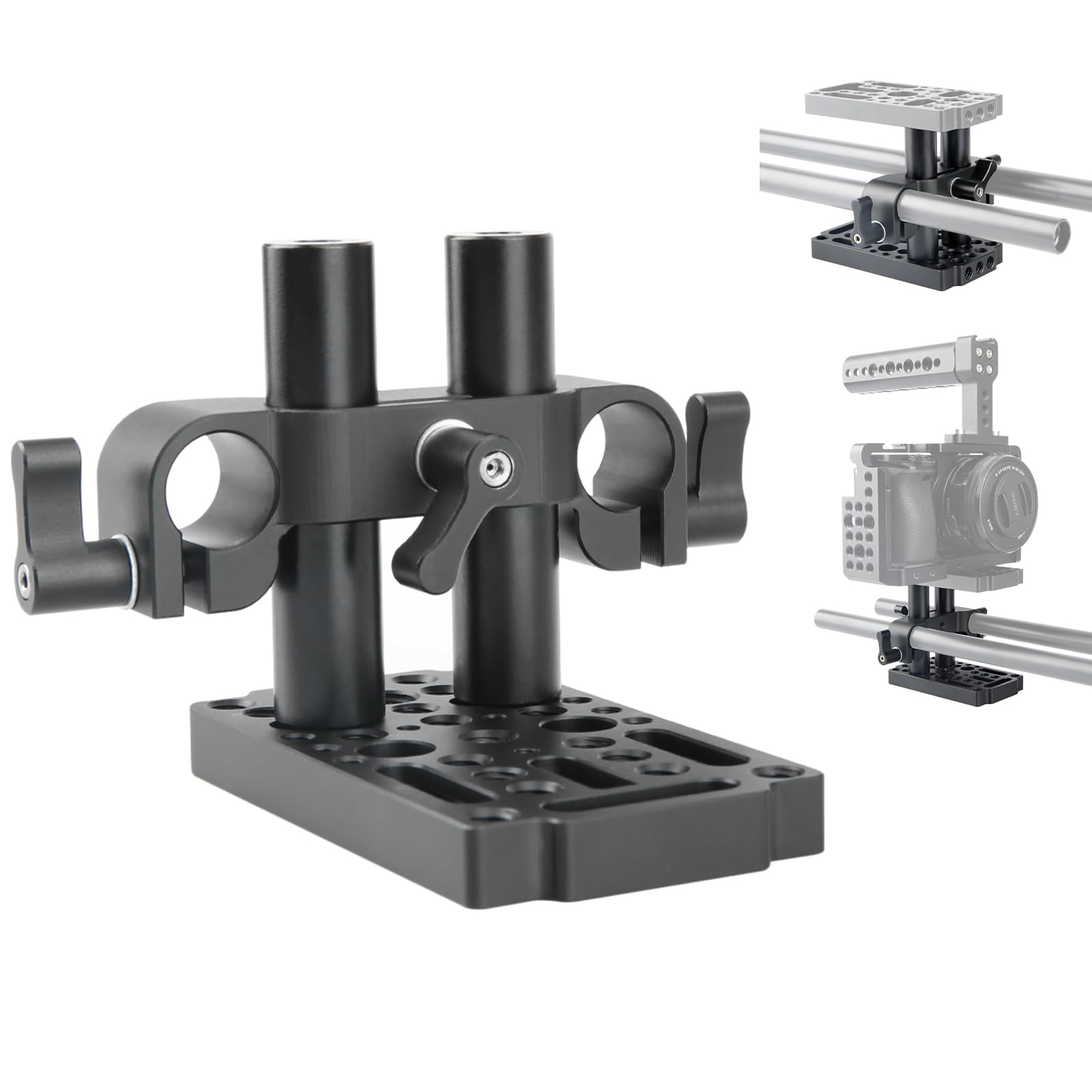 NICEYRIG Cheese plate with 15mm Rod Raiser Clamp, Short Rods for DSLR Camera Baseplate Lifting System