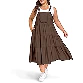 Moon Wood Plus Size Overall Dress for Women Casual Bib Jumper Dress with Pockets Adjustable Straps Summer Maxi Dress