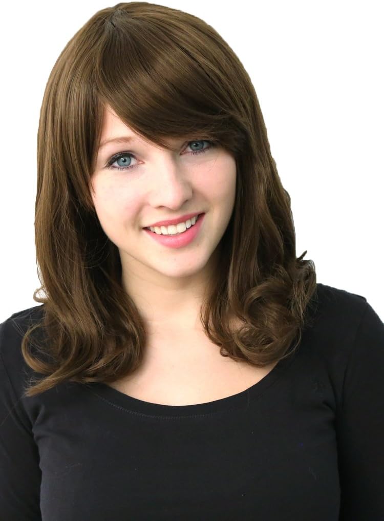Prettyland C827 - Medium Length Long Wig Slightly Wavy Curly Natural Hair with Bangs for Daily - Brown, C827 brown