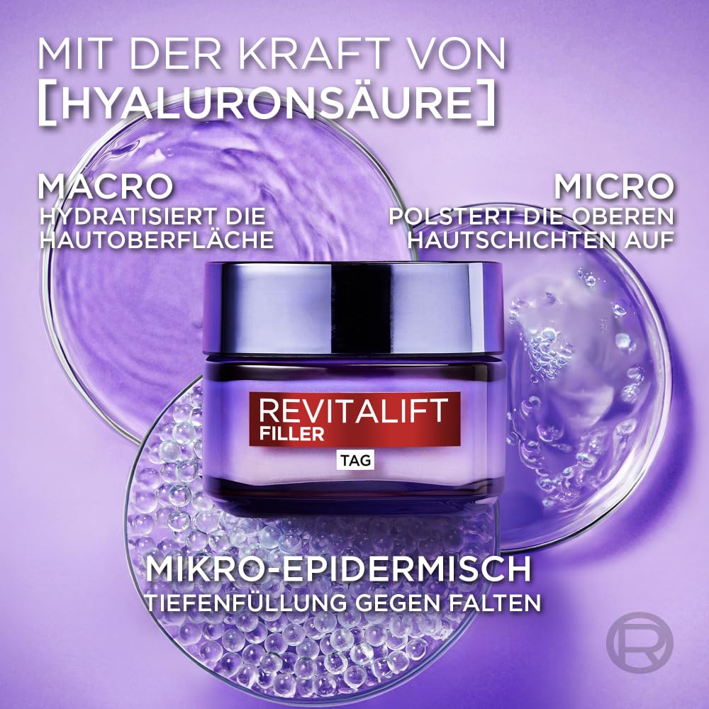 L'Oréal Paris Gesichtspflege Set, Anti-Aging Hyaluron Tagespflege und Nachtpflege gegen Falten, mit Micro-Filler Hyaluronsäure, Revitalift Filler, 2 x 50 ml 2