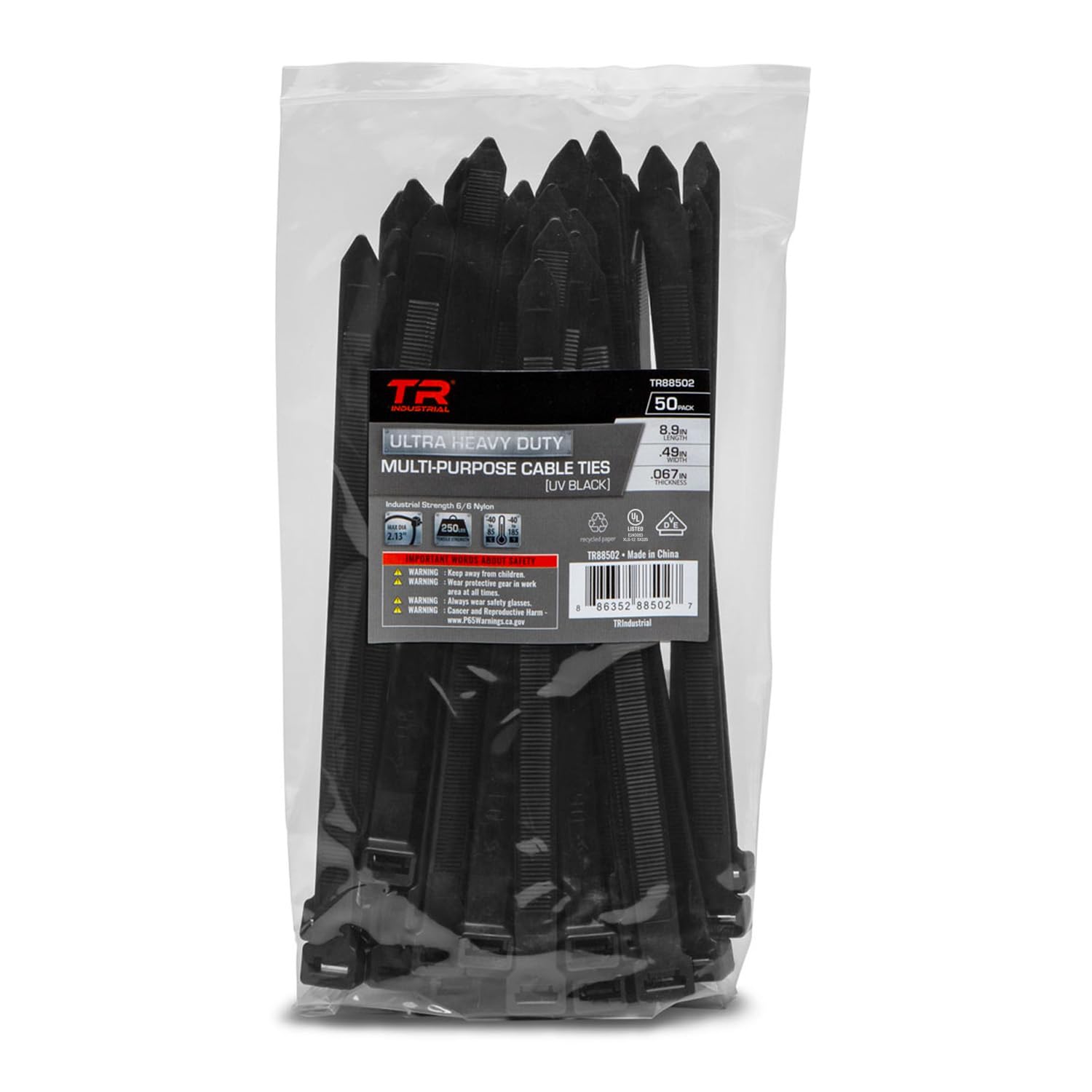 TR Industrial Ultra Heavy Duty Multi-Purpose UV Cable Ties (50-Piece), 250 lbs. Tensile Strength, 8.9", Black