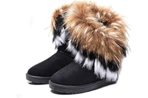 King Ma Women's Faux Fur Tassel Winter Snow Boot Suede Flat Ankle Boots