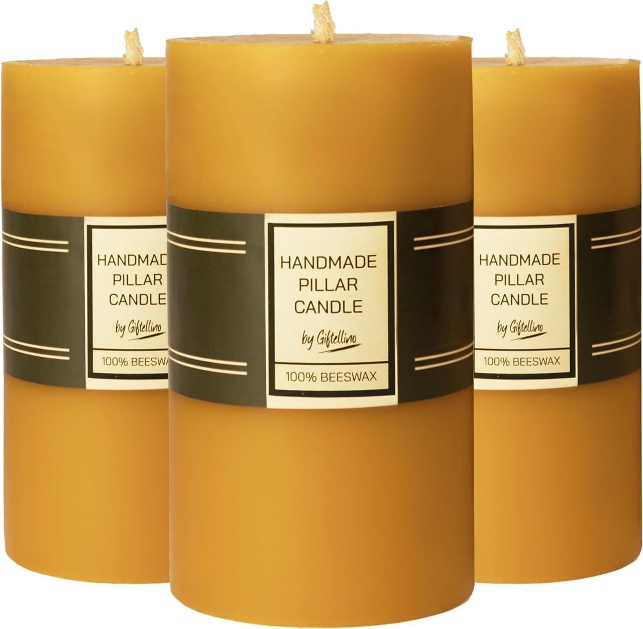 Set of 3 Pillar Candles 100% Pure Beeswax - 21 Hour Duration Smokeless with Cotton Wick - Gift for Unscented Lovers