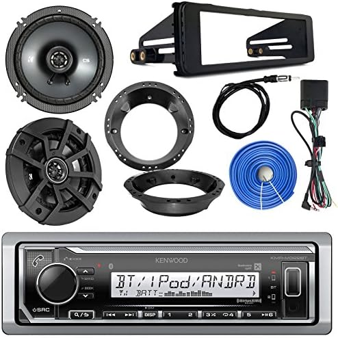 Single DIN Marine Digital Media Bluetooth Receiver Bundle with 2X Kicker 200W 6.5" Car Speakers, Enrock 1998-2013 Harley Davidson Speaker Mounting Adapters, Dash Kit, 50 FT 14G Wire, Antenna