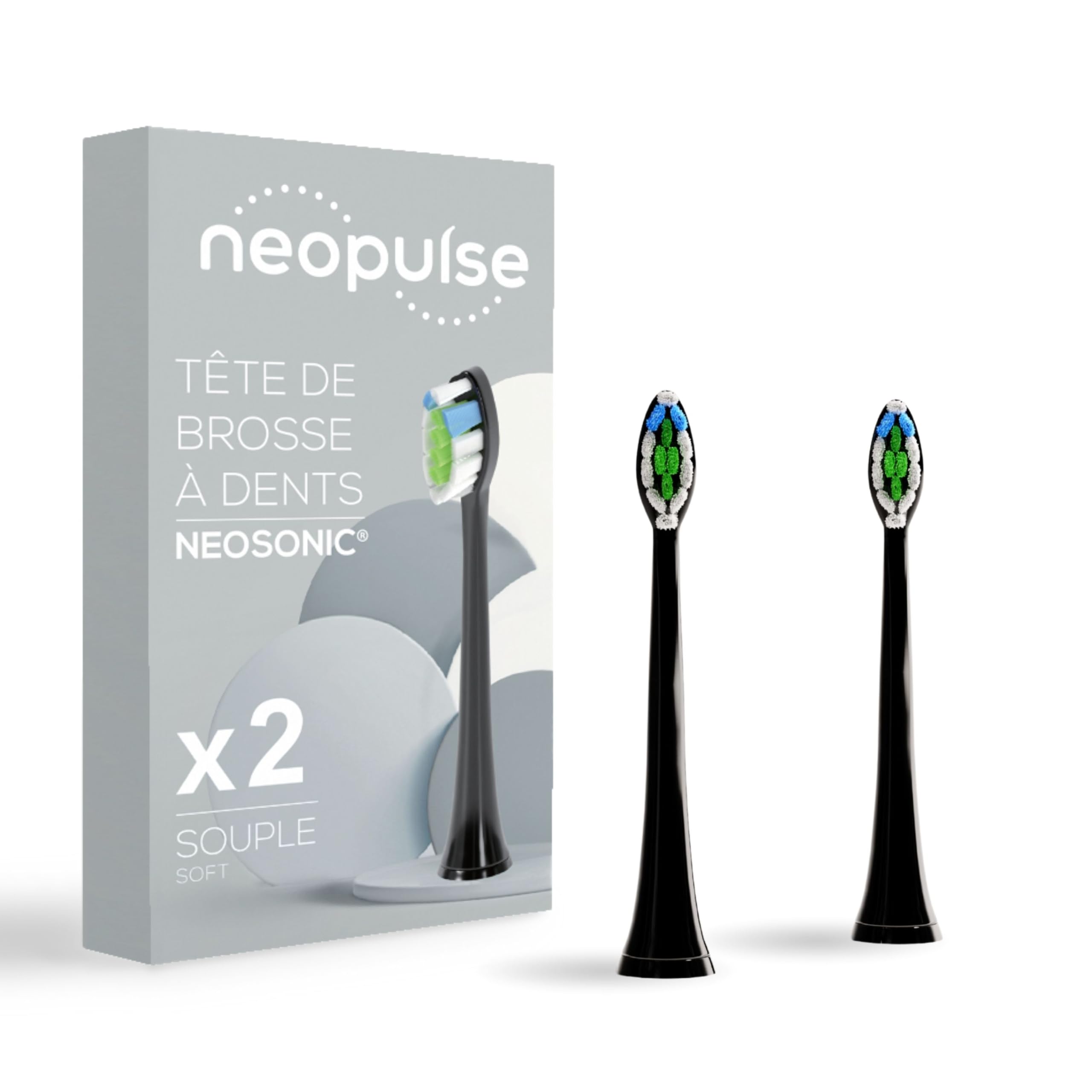 NEOPULSE® - Pack of 2 Black Nylon Soft Brush Head Refills for NEOSONIC® Sonic Electric Toothbrush - NEOKIDS® Compatible - 3D: Short and Long Strands - Wear Indicator