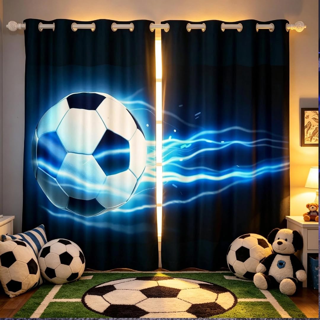 Loussiesd Football Curtains Blue Flame Soccer Curtain for Bedroom Living Room Kids Boys Teens Sports Windows Drapes W66*L72 — image 1
