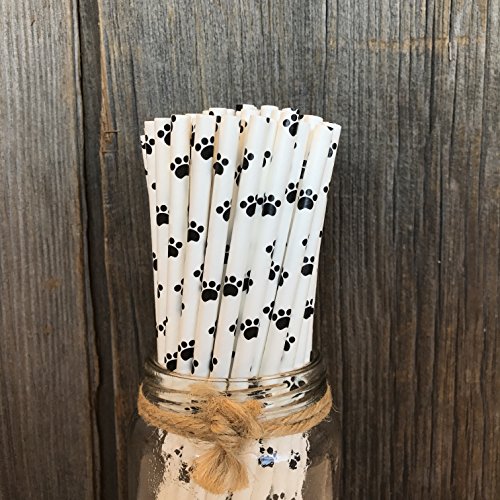 Dog Theme Paw Print Paper Drinking Straws - Black White - 7.75 Inches - 100 Pack - Outside the Box P - //coolthings.us