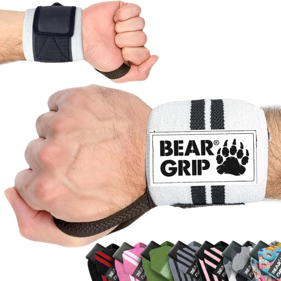 BEAR GRIP - Weight lifting wrist support wraps (Sold in pairs) (WHITE)