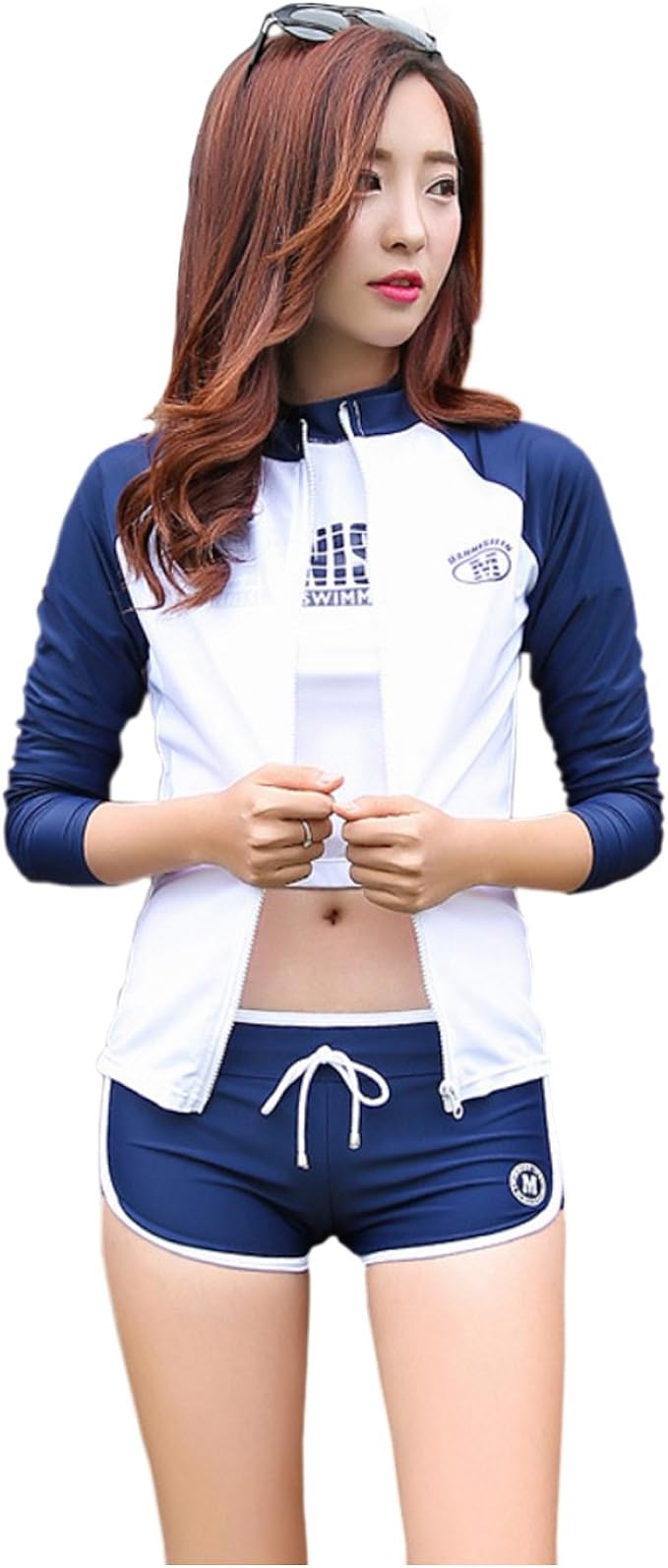 Amazon Buy The World 水着 レディース フィットネス ラッシュガード セパレート マリンスポーツ サーフウェア へそ出し ヘアアクセセット ネイビー Xl ビキニ セパレーツ 通販