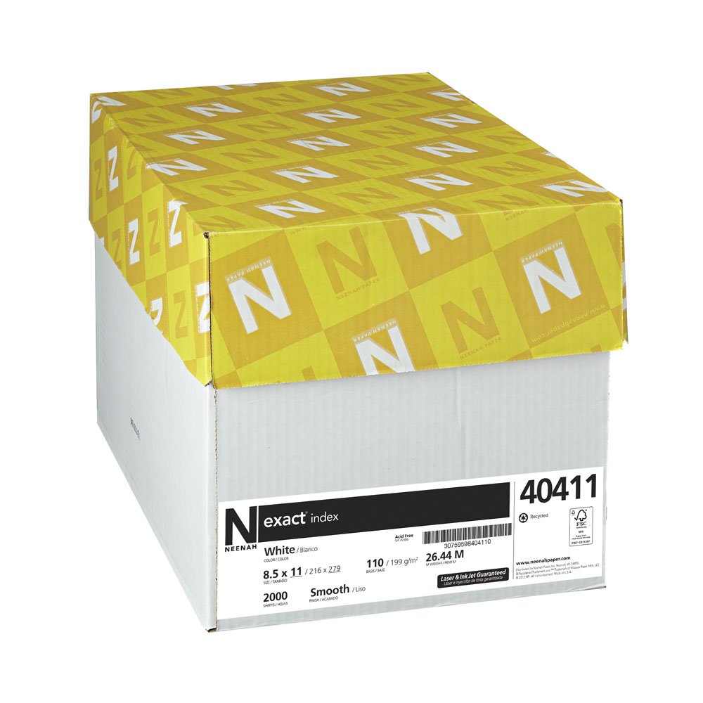 Photo 1 of Neenah Exact Index Cardstock, 8.5" x 11", 110 lb/199 gsm, White, 94 Brightness, 2000 Sheets (40411)