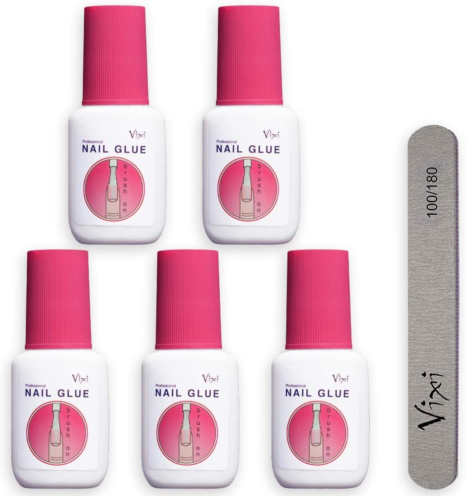 By Vixi 5 x 8g EXTRA STRONG NAIL GLUE with BRUSH and FREE PREP FILE Clear Instant Dry Adhesive, Professional Salon Quality