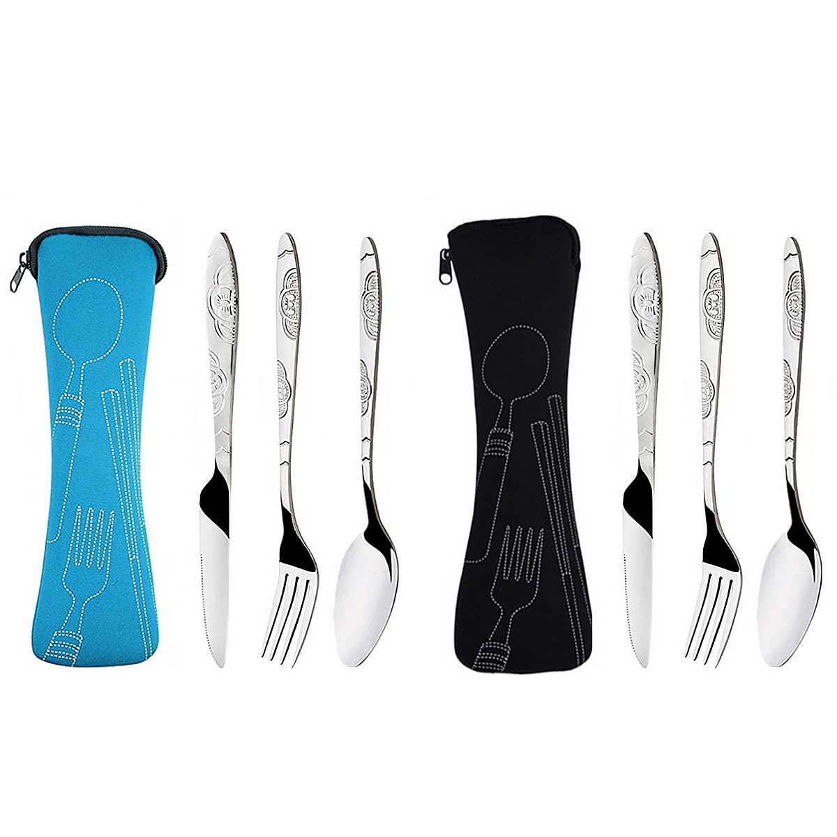 Tiardey 2PCS Travel Cutlery Portable Cutlery Set with Case Cutlery Pouch for Work School Camping Picnic Travel -Blue Black