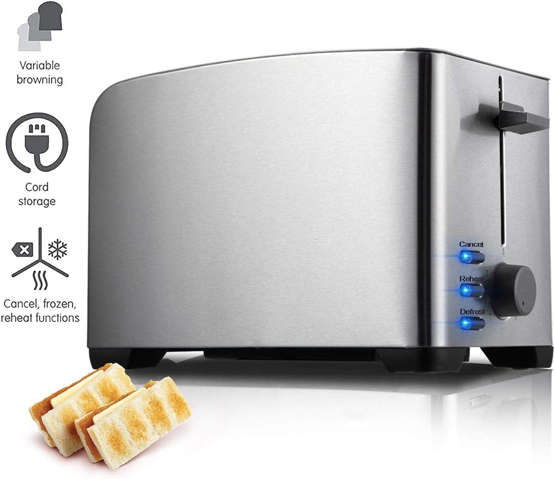 NaDrn 2 Slice Toaster with Extra Wide Slots, Cancel, Defrost & Reheat Functions and 5 Bread Shade Settings, Removable Crumb Tray, 750W Classic Stainless