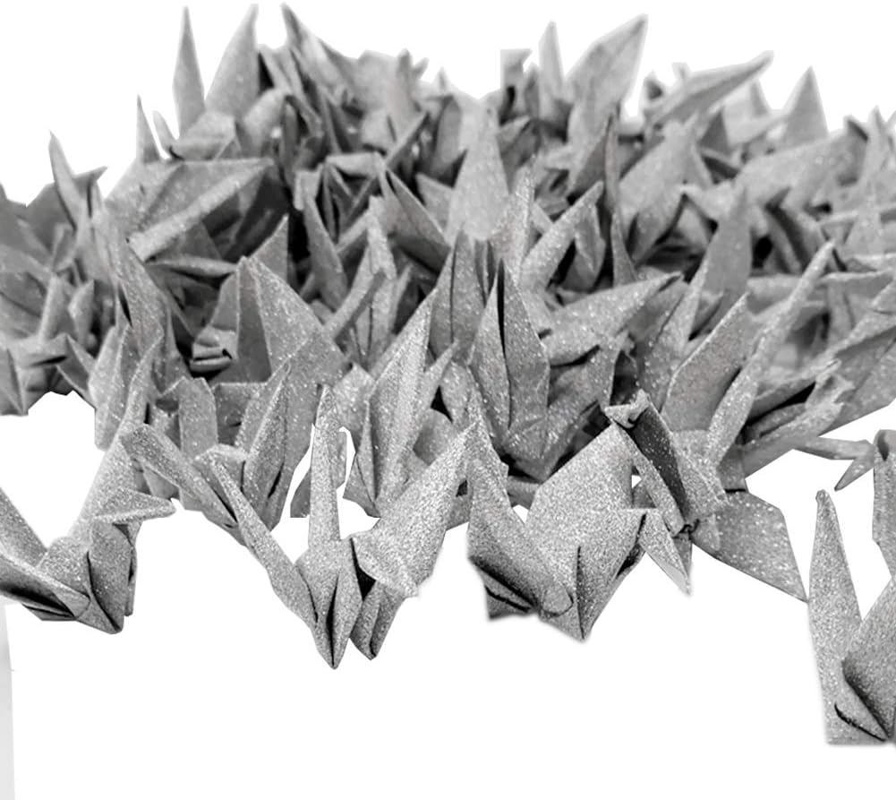 Hangnuo 100 PCS Origami Paper Cranes Glitter Silver, Folded DIY Japanese Crane Mobile String Garland for Wedding Party Backdrop Home Decoration