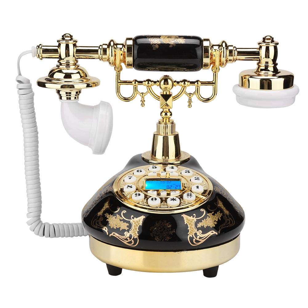 Vintage Telephone, MS-9107 European Retro Telephone Ceramic Black Gold Flower Pattern Corded Landline Telephone with Push Button Dial for Home Office Hotel Decor