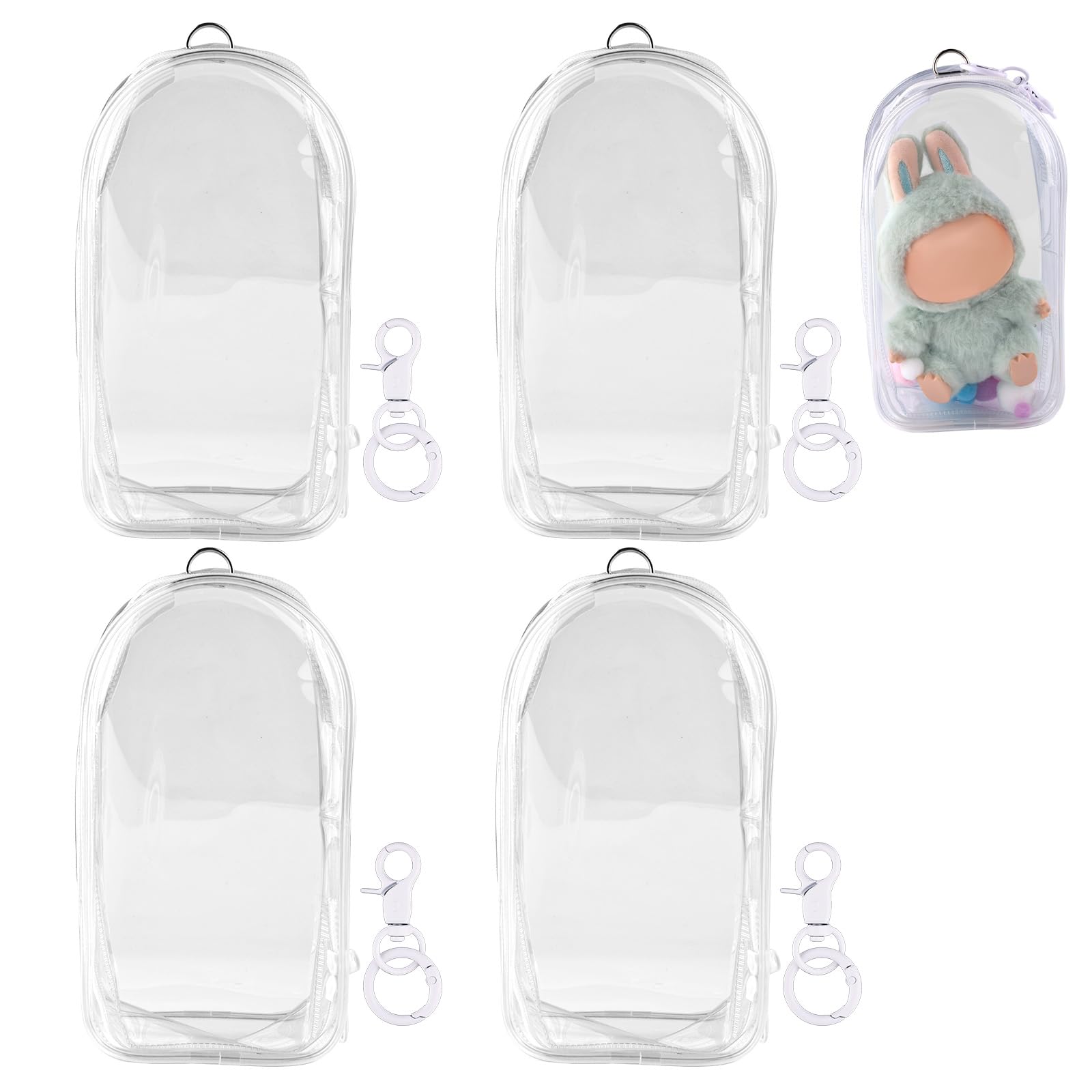 Photo 1 of Tinoaly 4pcs Display Bag for Dolls, 7.68x4.13 Inch PVC Waterproof Clear Figure Display Cover Bag with Pompoms & Keychain Carrying Protective Holder Case Charm for Dolls Collectibles (Transparent)