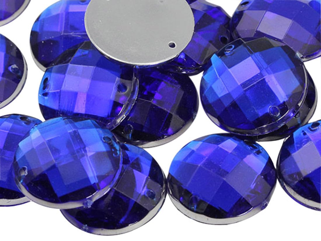 Allstarco 12mm Blue Sapphire CH09 Flat Back Sew On Round Beads Acrylic Rhinestones Sewing Plastic Gems with Holes for Jewelry, Clothes, Garment Embelishments, Shoes, Cosplays, Crafts 60 Pieces