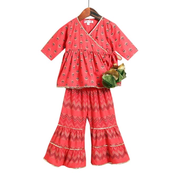 Amber By Hopscotch Girls Cotton Gold Angrakha Kurti With Sharara In Multi Color