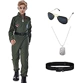 QJWBZ Kids Fighter Pilot Costume: Boys Air Force Army Aviator Suit Halloween Cosplay Jumpsui Includes Sunglasses Dog Tag
