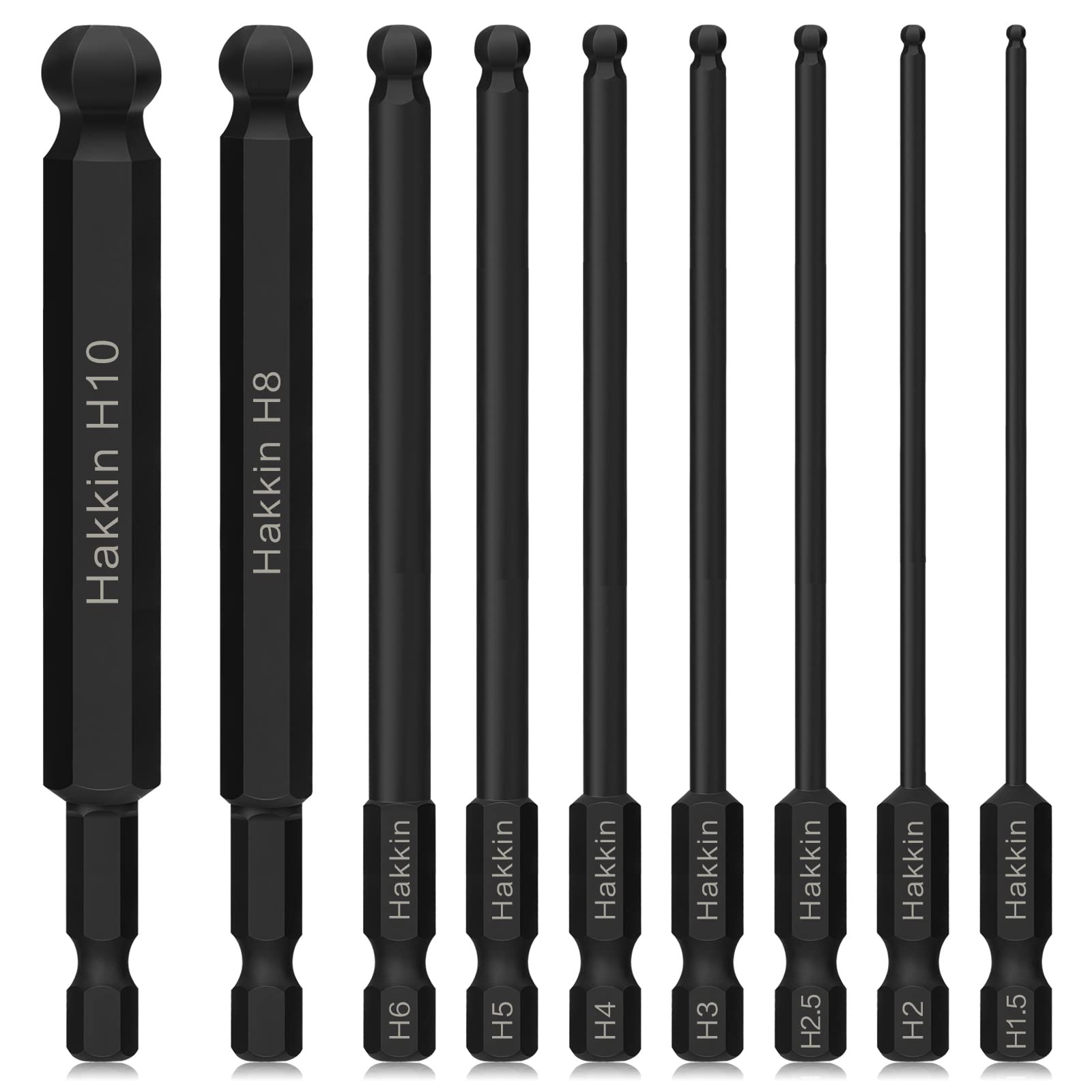 Hakkin Ball End Hex Bits 9Pcs Allen Key Bits 1/4” Shank S2 Steel Phosphate Treatment Magnetic Allen Wrench Screwdriver Bit Metric H1.5-H10 Key Set for Furniture Assembly