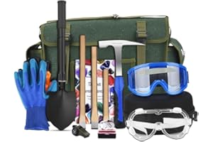 A PEERLESS SHOVEL 14 PCS Geology Rock Pick Hammer Kit,21oz Hammer & 3 PCS Digging Chisels Set for Rock Hounding,Rock Hounding Equipment with Musette Bag,Shovel,Compass, Whistle,for Gold Mining & Prospecting