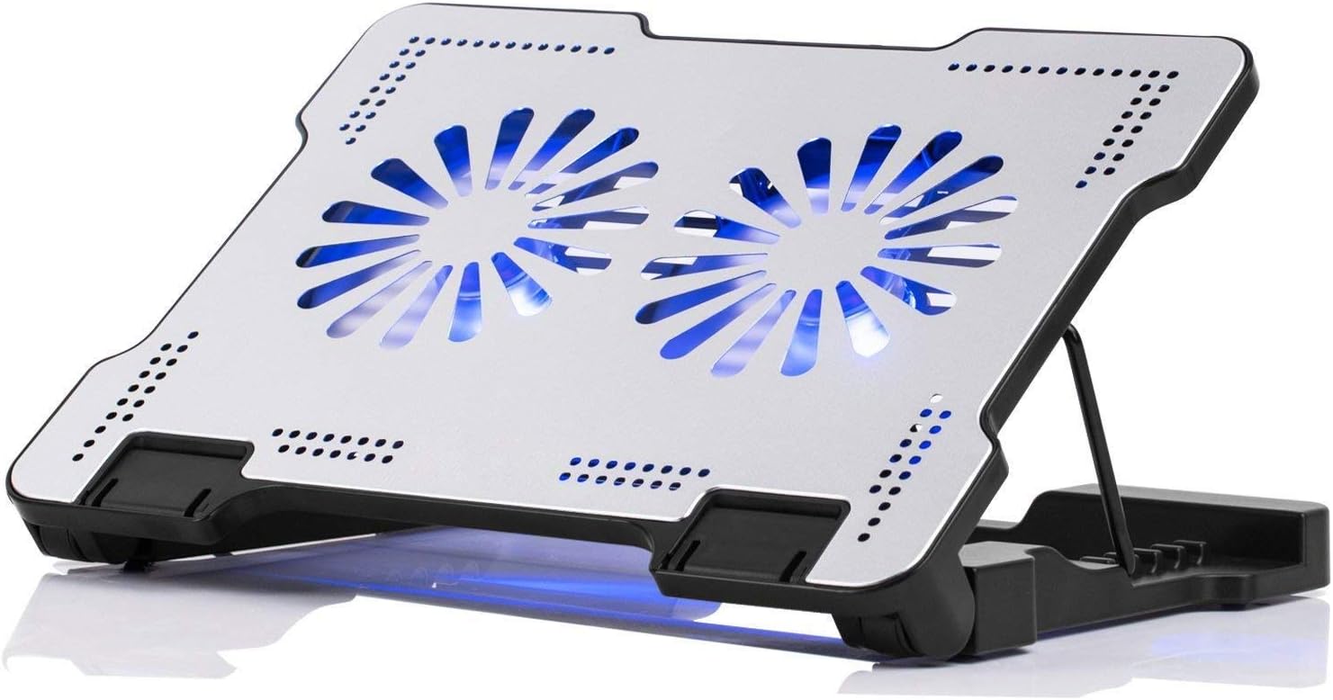 DISS Adjustable Laptop Stand Cooler Compatible with Apple Mac MacBook Pro/Air, Cooling Pad with USB Hub for 10 to 17.3 Inch Notebook, Ergonomic for Desk Use, Aluminum Silver
