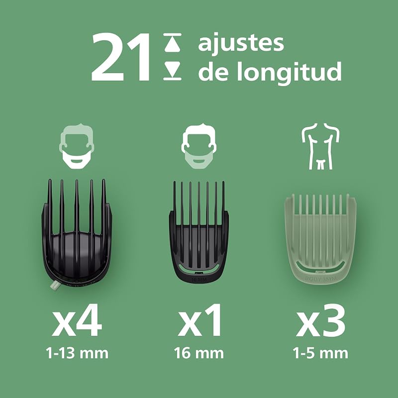 Recortadora todo en uno de 16 en 1 Serie 7000 - Afeitadora y cortapelos hombre para rostro, cabeza y cuerpo, cuchillas de acero autoafilables, 21 longitudes, recargable, MG7931/15