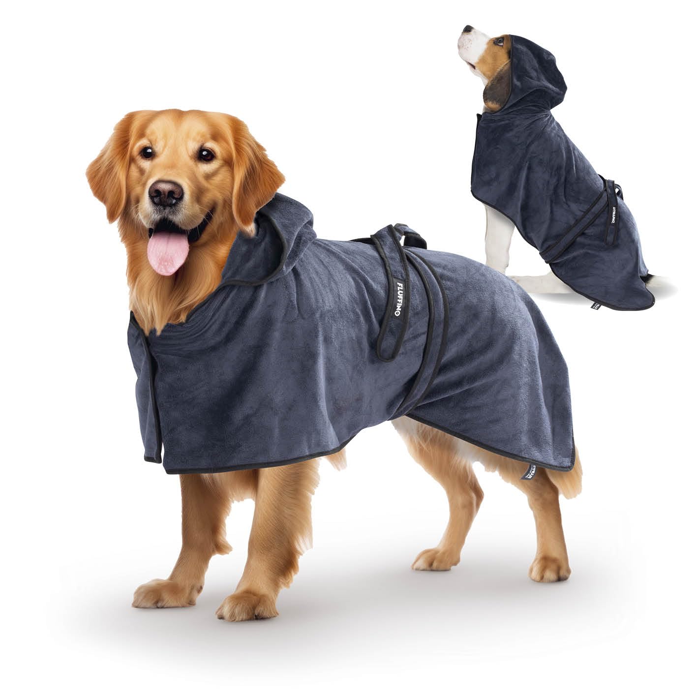 FLUFFINO Dog Bathrobe Dark Blue Size L | Soft, Absorbent, Washable, Quick Drying | Pet Towel + Velcro | Bath Towel for Large Dogs | Pet Accessories