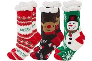 RALME Cozy Christmas Slipper Socks for Girls and Women- Pack of 3 - Fuzzy Fleece Lined with Non-Skid Grippers